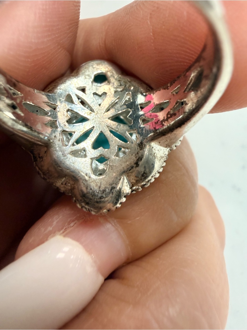 Turquoise Statement Ring - Silver-Tone Ornate Design - Picture 3 of 7